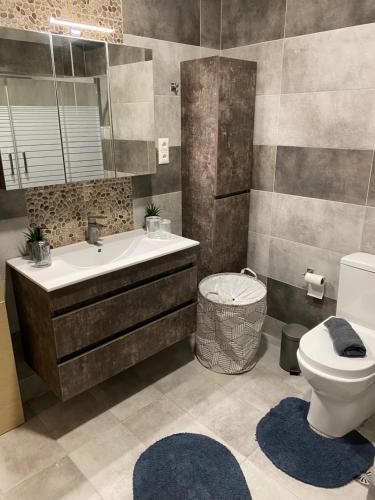 a bathroom with a sink and a toilet at Olive Hill Apartment in Karpofóra