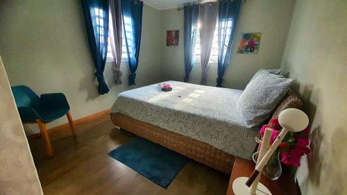 a bedroom with a large bed with blue curtains at Villa de 2 chambres avec piscine privee jardin clos et wifi a Le Lamentin in Le Lamentin