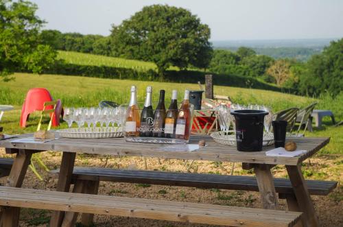Lugny的住宿－Domaine Joseph LAFARGE Wine Resort Oeno-tonneaux expérience，一张野餐桌,上面装有酒瓶和玻璃杯