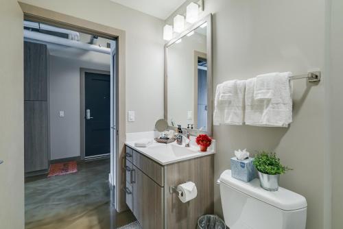 a bathroom with a sink and a toilet and a mirror at Sable 87 - One Bedroom in Minneapolis
