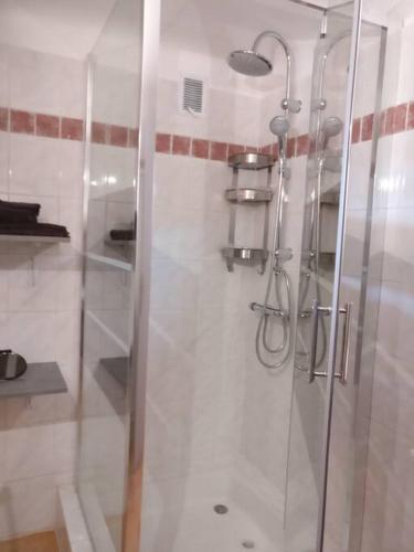 une douche avec une porte vitrée dans une salle de bain dans l'établissement LES VIGNES ET LA PINEDE PRES DE LA PLAGE, à Saint-Tropez