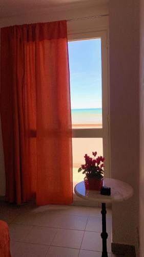 a window with a potted plant sitting on a table in front of it at La Bussola in Porto Palo