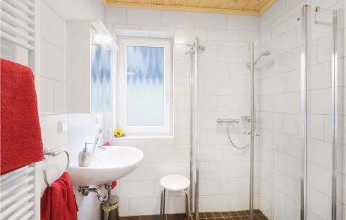 a white bathroom with a sink and a shower at Ferienhaus 32 Altefhr in Altefähr