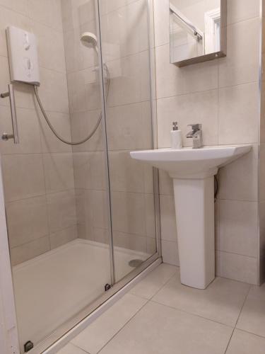 La salle de bains est pourvue d'une douche et d'un lavabo. dans l'établissement Daltons Bar, à Kinsale