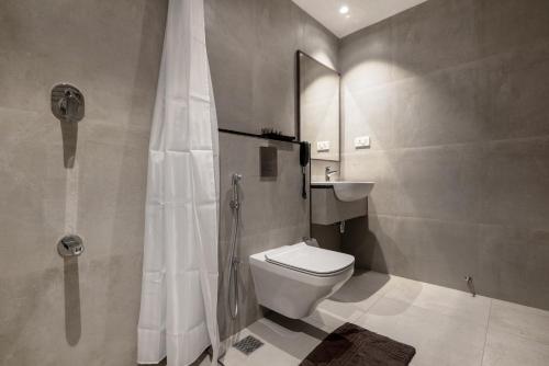 a bathroom with a shower and a toilet and a sink at Hotel Panoramic in Ernakulam