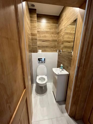 a small bathroom with a toilet and a sink at Wyspówka in Międzyzdroje