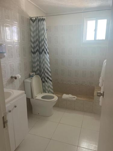a bathroom with a toilet and a sink and a window at Nautilus Ocean Suites in Bridgetown