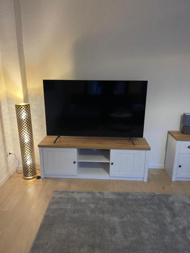 een flatscreen-tv op een wit entertainmentcentrum bij Schöne Wohnung am Schlossgarten in Schwerin