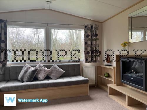 a living room with a couch and a tv at Caravan Holiday on Haven site in Cleethorpes