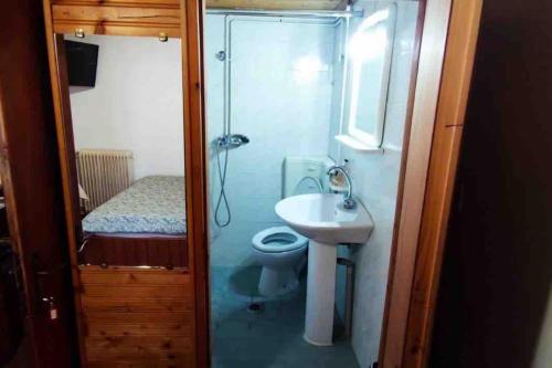 un bagno con doccia, lavandino e WC di COZY VILLAGE HOUSE ΑΓΙΟΣ ΛΑΥΡΕΝΤΙΟΣ ΠΗΛΙΟΥ a Agios Lavredios