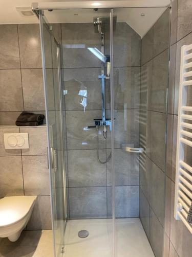 a shower with a glass door in a bathroom at le Garage in Veere