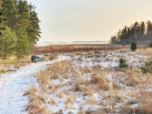 a snow covered field with trees and a dirt road at 7 person holiday home in BLIDÖ-By Traum in Furusund
