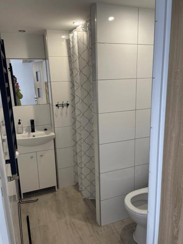 a bathroom with a toilet and a sink at U Rybaka in Braniewo