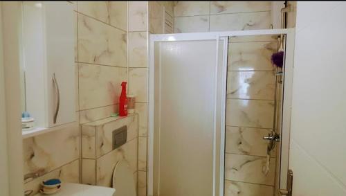 uma casa de banho com um chuveiro, um WC e um lavatório. em zirve apart em Acıpayam