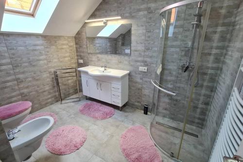 a bathroom with a sink and a shower with pink rugs at MeLux Airport House 