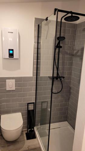 a bathroom with a toilet and a glass shower stall at Apartment "The Loft" in Heiligenhafen in Heiligenhafen