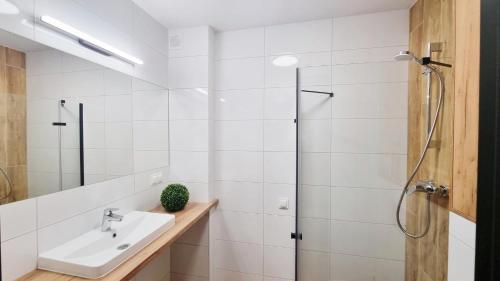 a bathroom with a sink and a shower at Place4You in Ostróda