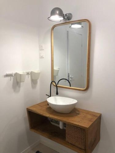 une salle de bain avec un lavabo blanc et un miroir dans l'établissement Appartement Biarritz Sud, à Biarritz