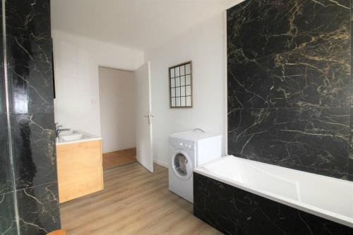 ein Bad mit einer Waschmaschine und einem Trockner im Zimmer in der Unterkunft Joli appartement au calme in Lay-Saint-Christophe