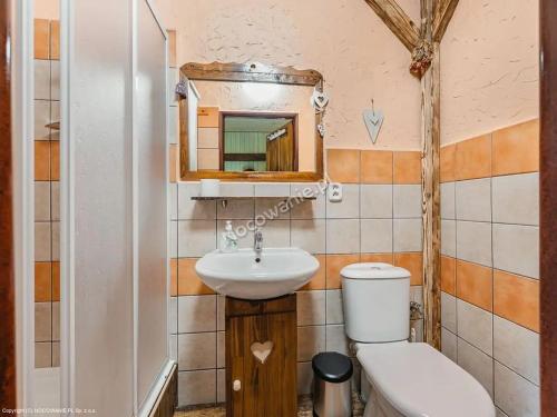 a bathroom with a toilet and a sink and a mirror at Guesthouse Eden in Liptovský Mikuláš