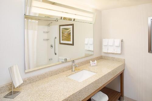 a bathroom with a sink and a large mirror at Courtyard by Marriott Sacramento Midtown in Sacramento