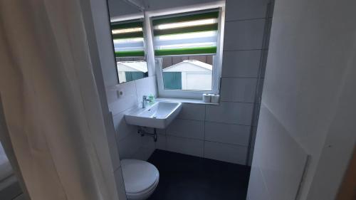 a bathroom with a toilet and a sink and a window at Green Hill Rooms in Feldkirch