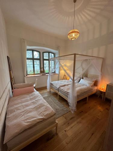 a bedroom with two beds and a chandelier at Ferienwohnung Hortensie Rittergut Schloss Zehista Gutshaus in Pirna