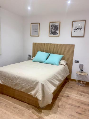 ein Schlafzimmer mit einem großen Bett mit blauen Kissen in der Unterkunft Apartamento boutique Jaén 2 in Jaén