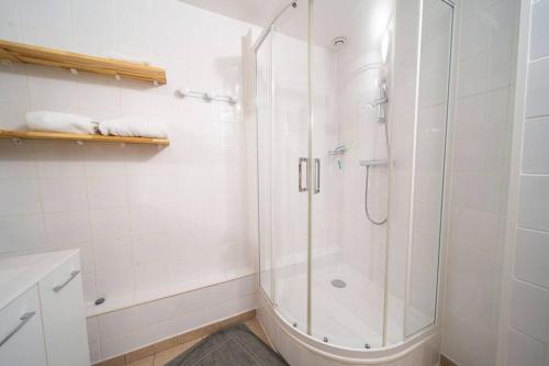ein Bad mit einer Dusche und einer Glastür in der Unterkunft Appartement luxueux 2 chambre CENTRE VILLE Langkawi in Chalon-sur-Saône