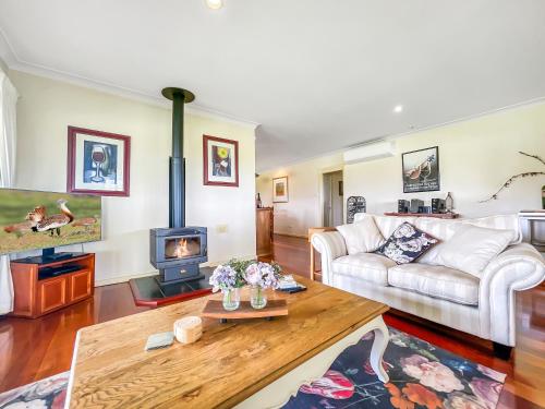 a living room with a couch and a fireplace at Midnight's Promise - Promise 1 in Lovedale