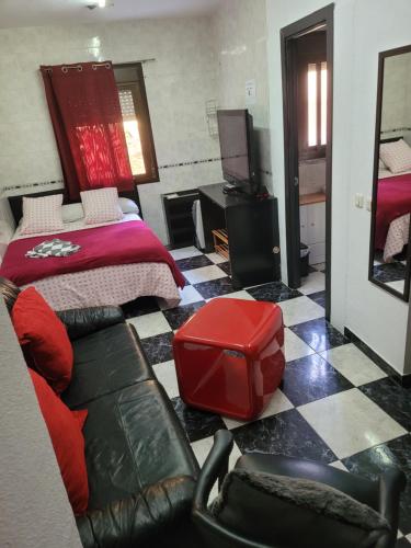 1 dormitorio con cama, sofá y TV en Lunarota Home, en Madrid
