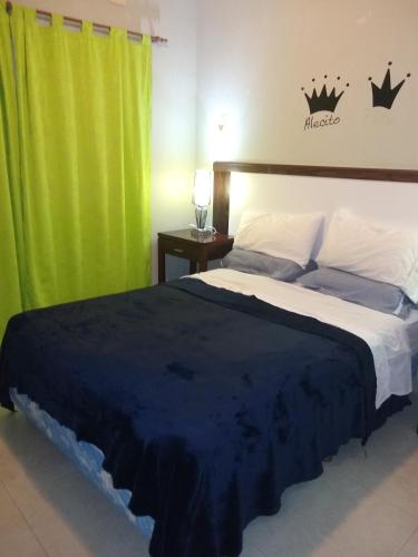 a bedroom with a large bed and a green curtain at RELAX La Tuquita Raco in Raco