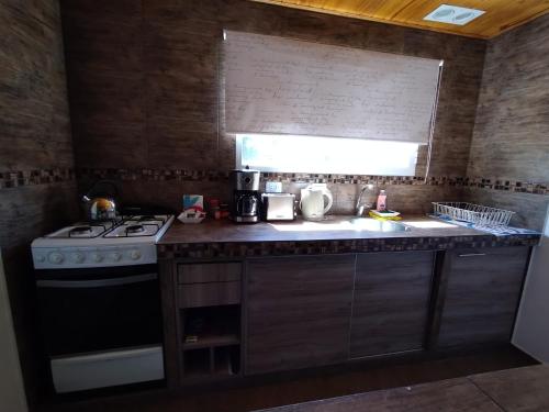 a kitchen with a stove and a counter top at Aluminé Cabañas in Aluminé