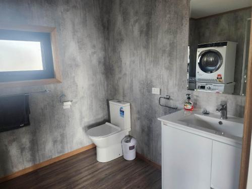 a bathroom with a toilet and a sink and a microwave at Mount Rumney Escapes - 5 Seaview Kangaroo House in Mount Rumney