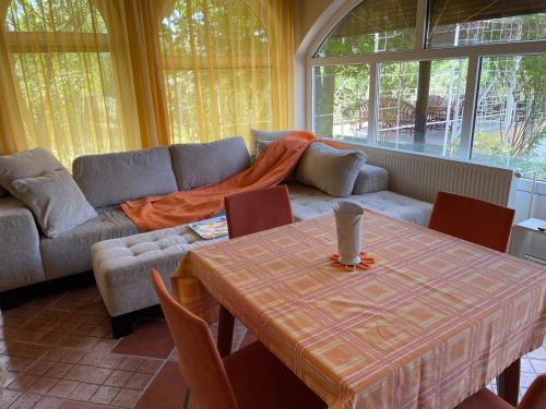 ein Wohnzimmer mit einem Tisch und einem Sofa in der Unterkunft Villa Elita - Bela Crkva in Bela Crkva