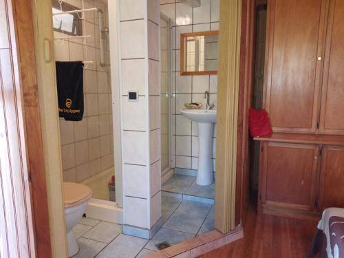 a bathroom with a shower and a toilet and a sink at Résidence Tamaumia - chambre in Hakamui