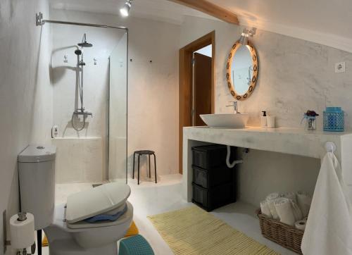 ein Badezimmer mit einem WC, einem Waschbecken und einem Spiegel in der Unterkunft À Descoberta d'Angra! in Angra do Heroísmo