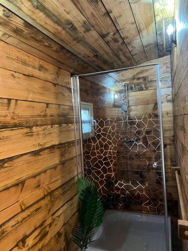 a bathroom with a shower in a wooden wall at Roulotte À Tahiti in Punaauia