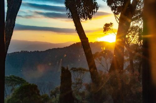 a sunset view of the mountains from a window with trees at Moonya Lodge in Mount Victoria