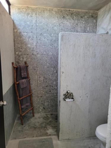 La salle de bains est pourvue d'une douche avec une échelle et de toilettes. dans l'établissement Puerto del Cielo, à Chuburná