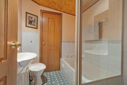 een badkamer met een toilet, een wastafel en een douche bij Observatory Cottage in Leura