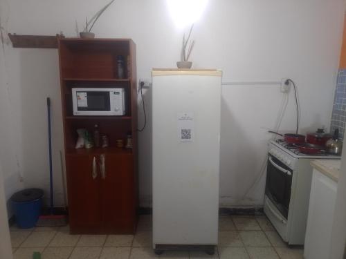 La cocina está equipada con refrigerador blanca y microondas. en Alojamiento económico de buena ubicación en Gualeguaychú