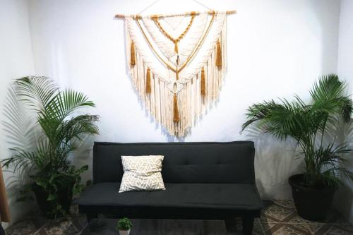 a black couch in a room with two plants at Otoch Béek Calakmul in Chicanna
