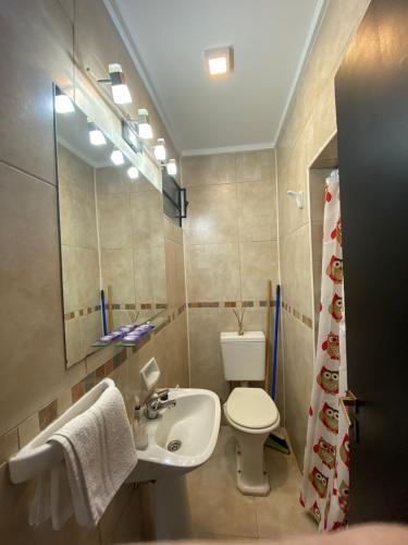 a bathroom with a sink and a toilet and a mirror at Belgrano 360 in Tandil