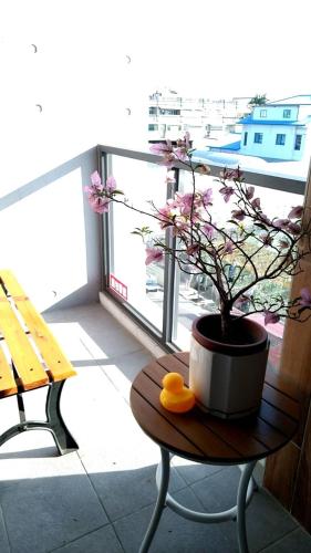a table with a potted plant on top of a balcony at 花田葉舍 in Tianwei