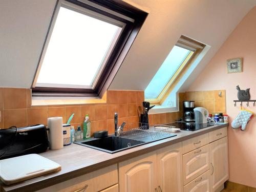 eine Küche mit einem Waschbecken und einem Fenster in der Unterkunft Appartement Trégastel, 3 pièces, 3 personnes - FR-1-368-380 in Trégastel