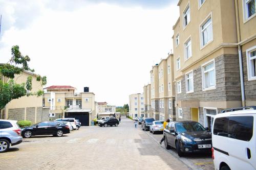 ナクルにあるHavan Furnished Apartments-Milimani N8の車や建物が停まる街道