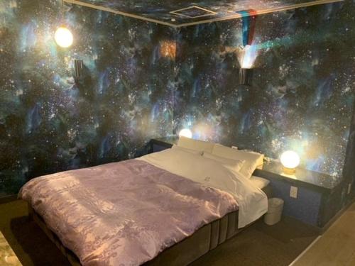 a bedroom with a space themed wall with a bed at Hotel HANAMIZUKI-Adult Only in Otaru