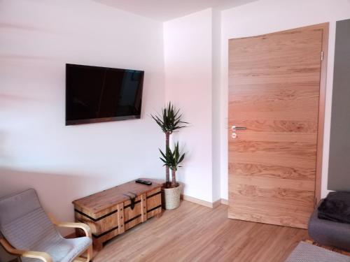 ein Wohnzimmer mit einem TV und einer Holztür in der Unterkunft Ferienwohnung am Gänsbach in Grassau