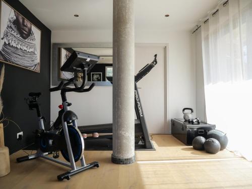 a room with a gym with a treadmill and a pillar at Maison d'Hôtes L'Espigoulié in Sainte-Maxime